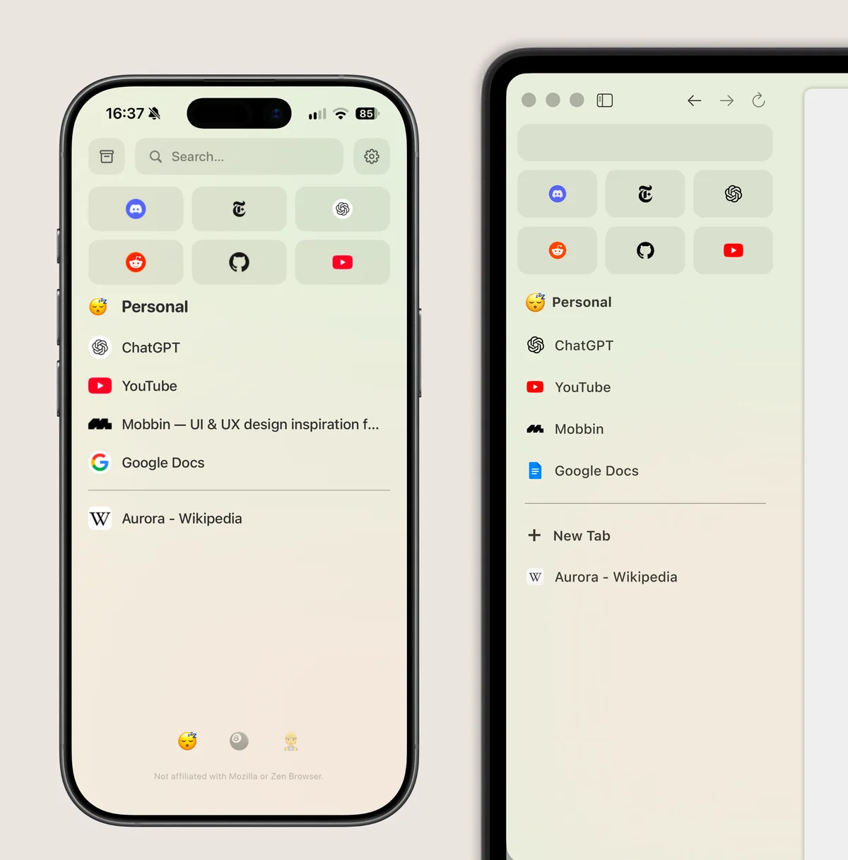 The same space open in Z-Sync on iPhone and in the desktop browser sidebar on a desktop