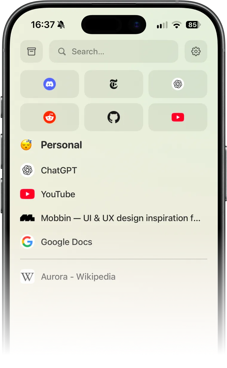 Z-Sync on iPhone, showing spaces with tabs, folders and essentials